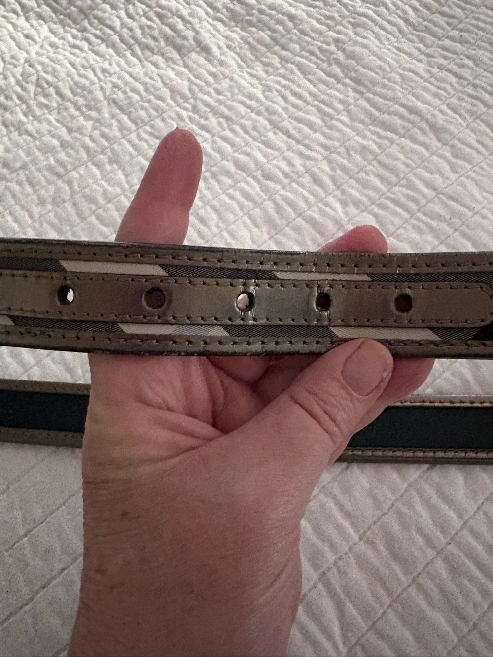 Burberry Gun Metal Beat Check Coated Canvas Patent Leather Buckle Belt 90 CM L